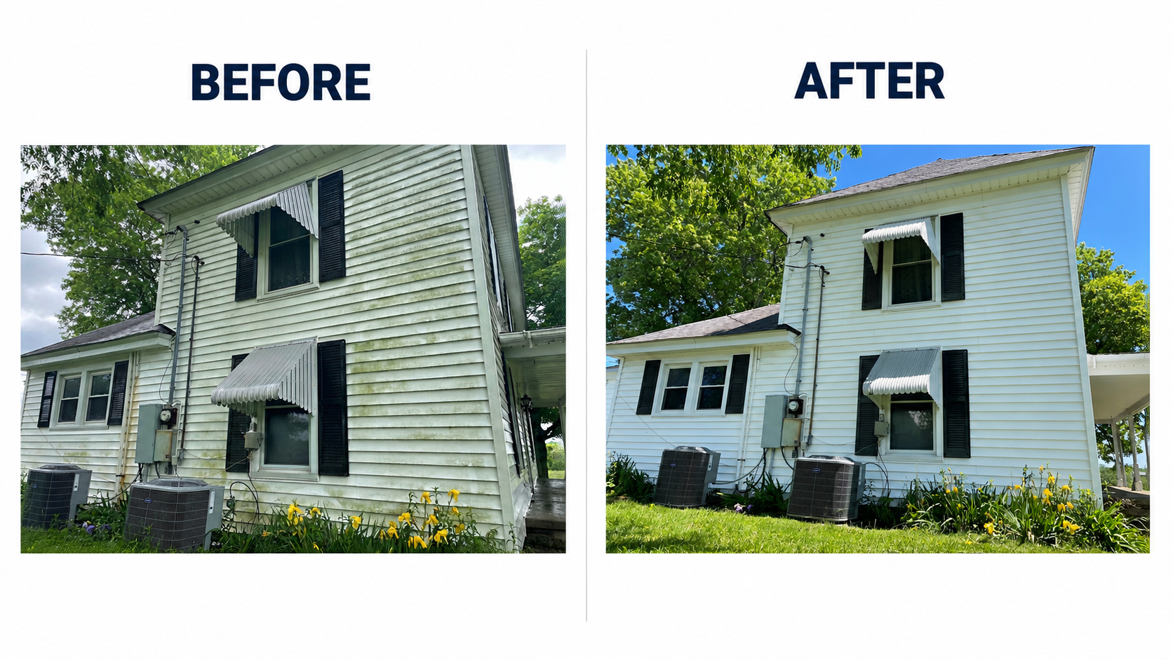 Before and after of a white residential home exterior soft wash. The left side shows dark mold streaks, mildew, and dirt covering the white siding, trim, and facade. The right side shows the same home with bright white siding, clean trim, and a fresh, well-maintained appearance.