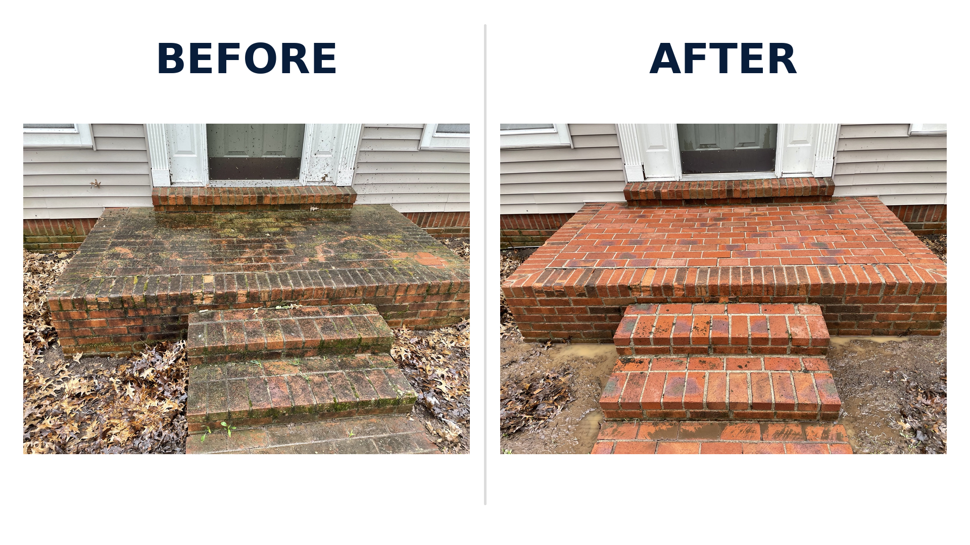 Before and after of exterior brick steps and entryway cleaning. The left side shows dark, weathered brick steps covered in dirt, moss, and organic stains. The right side shows the same steps with restored natural brick color, clean mortar lines, and a welcoming entry.