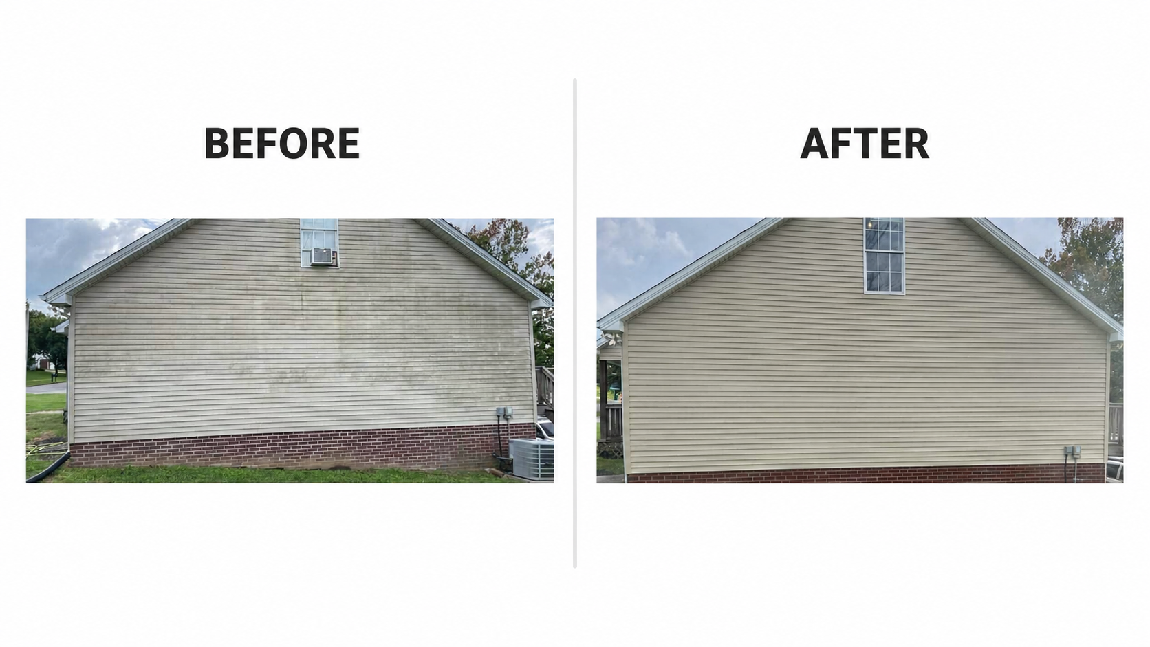 Before and after of a vinyl siding soft wash. The left side shows green algae, dark mildew, and years of buildup covering the siding. The right side shows the same siding fully cleaned, bright, and restored to its original color with all organic growth removed.