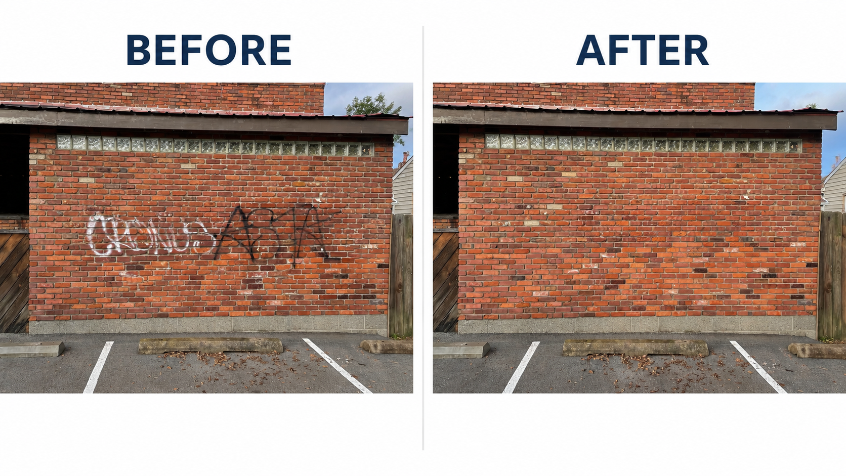 Before and after of spray paint graffiti removal from a red brick wall. The left side shows colorful graffiti tags covering the brick surface. The right side shows the same brick wall with all paint fully removed and the natural brick texture restored.